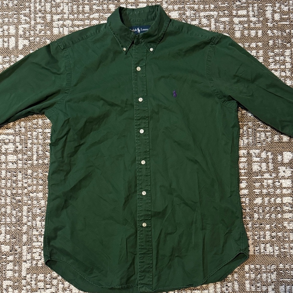 Ralph Lauren Dark Green Button-Down Oxford Shirt with Purple Pony